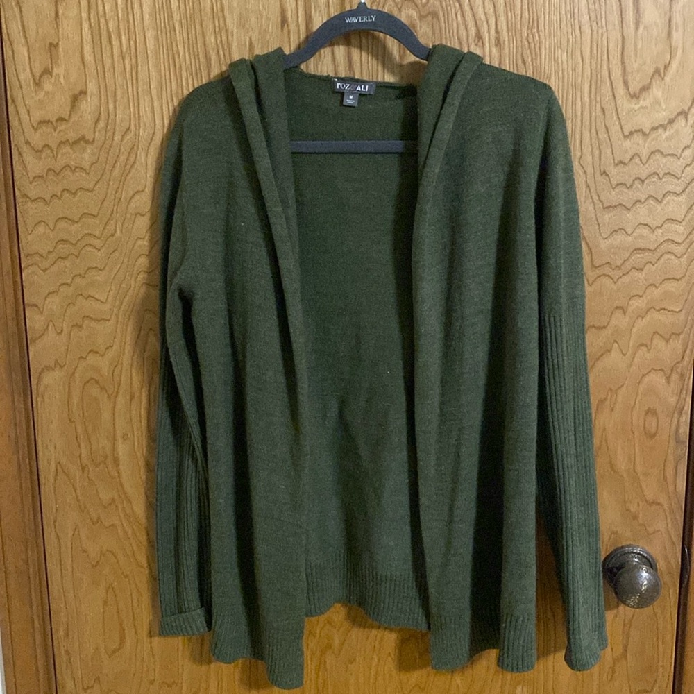 Roz & Ali Medium Hunter green open front cardigan with hoodie